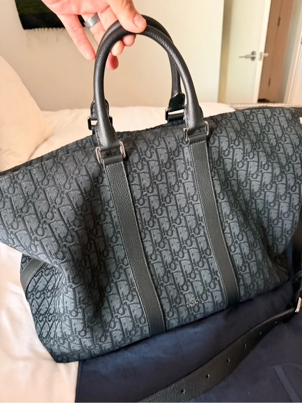 Dior Gray Monogram Canvas Duffel with Leather Trim